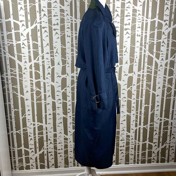 Vintage 80s Navy Blue Olive Green Double Breasted Trench Coat 6 - Picture 3 of 11